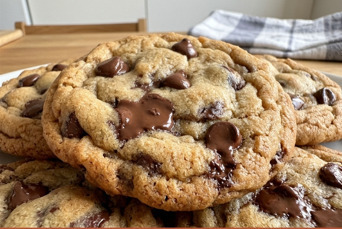 Cookies caseras con trozos de chocolate negro sobre rejilla de enfriamiento, bordes dorados y centro blando