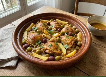 Tajín de pollo con aceitunas verdes y patatas fritas doradas, servido en cazuela de barro sobre mesa rústica